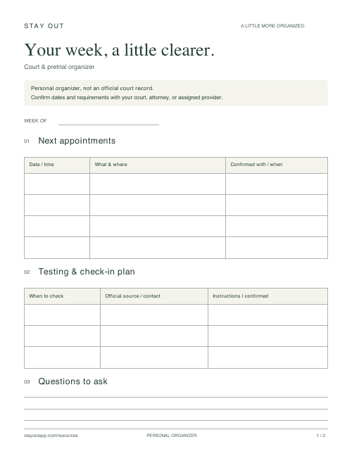 Preview of the blank Stay Out weekly organizer, with spaces for appointments and check-in plans.